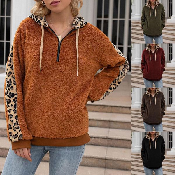 

women's hoodies & sweatshirts winter leopard women long sleeve hooded outdoor warm plush pullover hoodie with zipper, Black