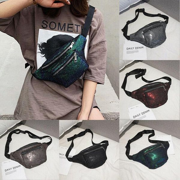 

est women girls double zippers waist fanny pack belt bag pouch glitter sequine travel hip bum small purse bags