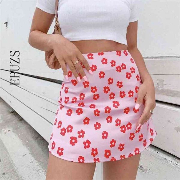 Vintage cetim floral rosa mini saia das mulheres saia lápis coreano sexy verão cintura alta 210521