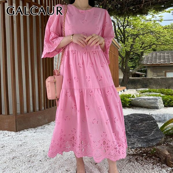 

GALCAUR Korean Elegant Hollow Out Dress For Women O Neck Short Sleeve Patchwork Lace Midi Dresses Female 2021 Summer Fashion, Rosered