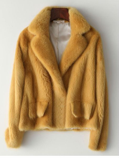 

women's fur & faux arlenesain custom 2021 design soft yellow color mink women jacket with fake pocket, Black