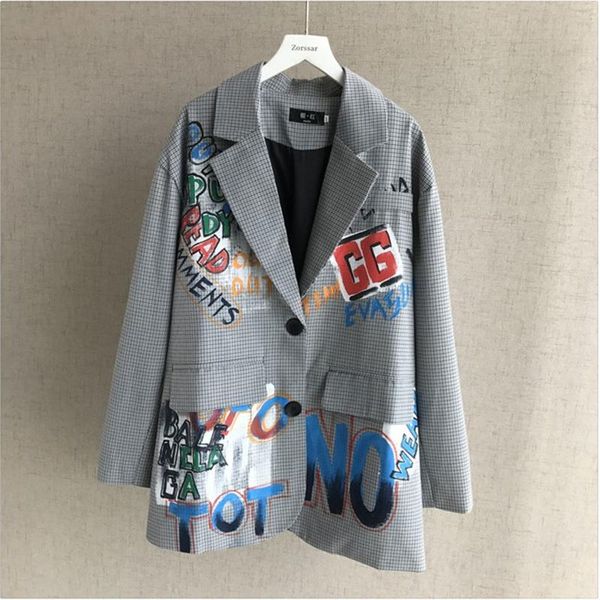 

women's suits & blazers 2021 autumn british style blazer women casual graffiti letters suit jacket long sleeve loose plaid ladies g122, White;black
