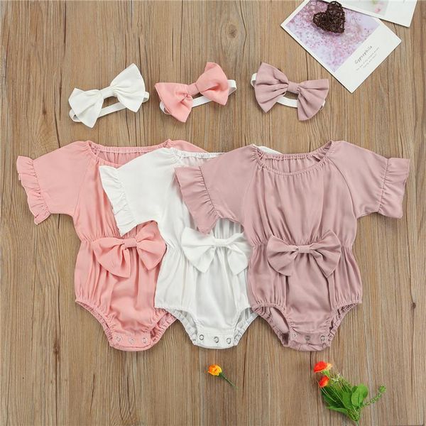 

jumpsuits 3 colors baby girls summer clothes born infant ruffles sleeve bowknot rompers headband soft outfits, Blue