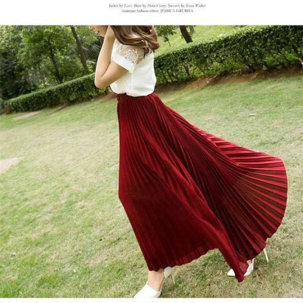 

summer elastic high waist slim simplesolid chiffon pleated skirt casual wild loose women a-line long 210527, Black