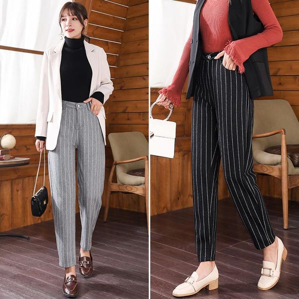 

women's pants & capris autumn winter elegant striped woolen high waist loose wool harem straight casual suit trousers, Black;white