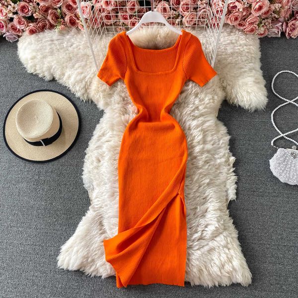 

knit dress summer women bodycon dress 2021 solid square collar short-sleeve knitting stretch split midi party dress vestido y0603, Black;gray