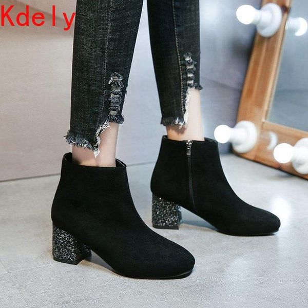 

boots winter women ankle bling high heels shoes seude fashion comfort shoe woman pumps zipper thin plush party wedding autumn, Black