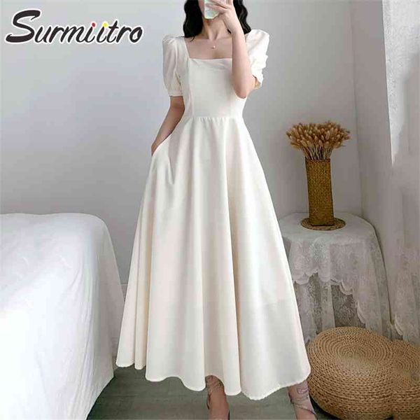 

summer midi long dress women korean style ladies elegant short puff sleeve tunic party sundress female 210421, Black;gray