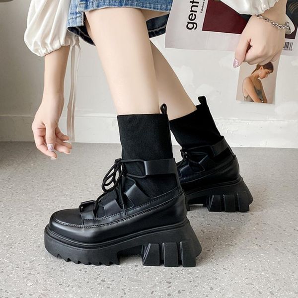 

boots rimocy thick heels platform ankle women breathable knitted lace-up sock woman 2021 autumn chunky motorcycle, Black