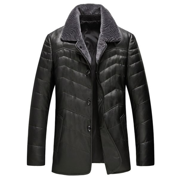 

real sheepskin leather autumn winter jacket for man lightweight down parkas casual warm coat fur collar windbreaker overcoat blazers plus s, Black