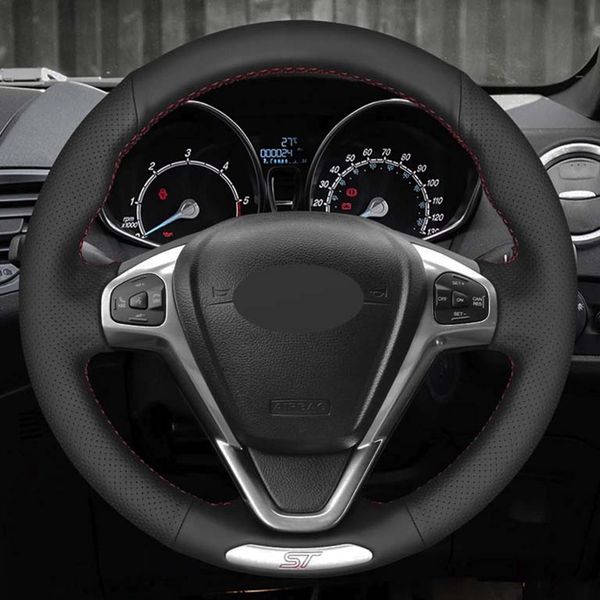 Coprivolante per auto morbida pelle sintetica nera fai-da-te cucita a mano per Ford Fiesta ST 2013 2014 2015 2016 2017 2018