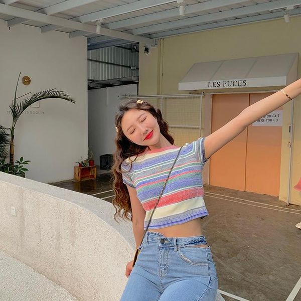 

women's sweaters 2021 summer vintage style colorful stripe sweater slim knitted short sleeve t shirts womens tee shirt femme (r4491), White;black