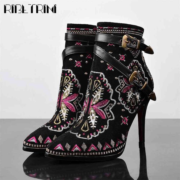 

boots fashion female pointed toe thin high heels zip buckle embroider shoes ankle women rivet boots, Black