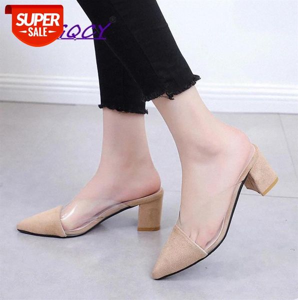 

Square heel High heels slippers women 2019 new summer shoes Fashion Transparent Suede Comfortable Casual ladies #O23P, Black