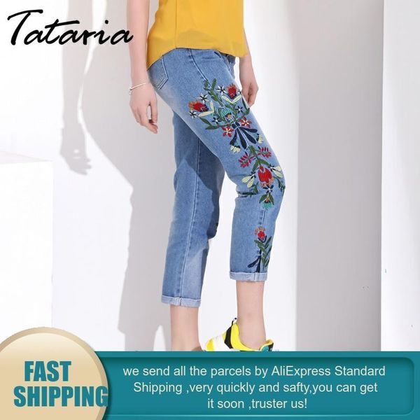 

mujer calf length pant summer jeans female denim women floral embroidered womam causal high waist 210514, Blue