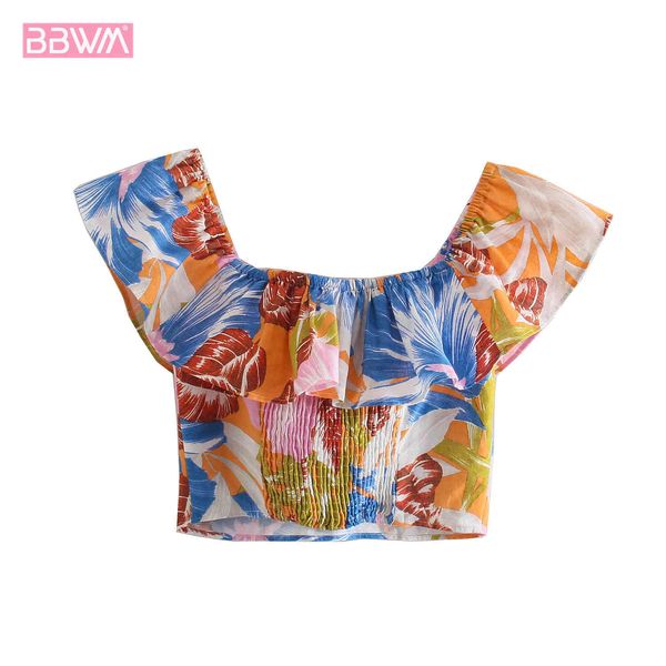 

summer women's ruffle print off-the-shoulder v-neck harajuku high street chic female shirt 210507, White