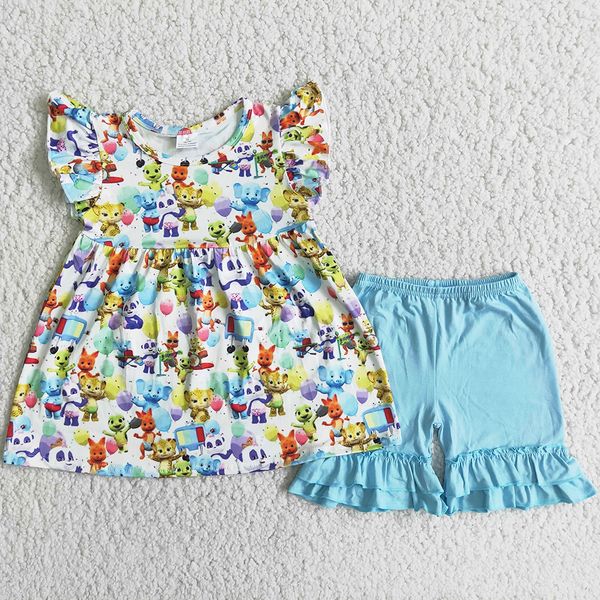 

rts wholesale kids designer clothes girl sets boutique summer baby girls clothing flutter sleeve icing shorts cartoon tunic fashion kid todd, White