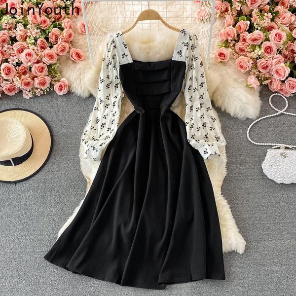 

casual dresses joinyouth vintage fashion slim waist dress women 2021 autumn long-sleeve hepburn style patchwork vestidos square collar, Black;gray