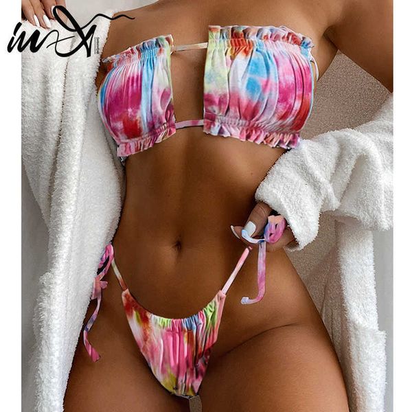 

swimwear in-x micro tie dye bikini 2021 colorful swimsuit women strapless ruffles set bathing suit 2 piece, White;black