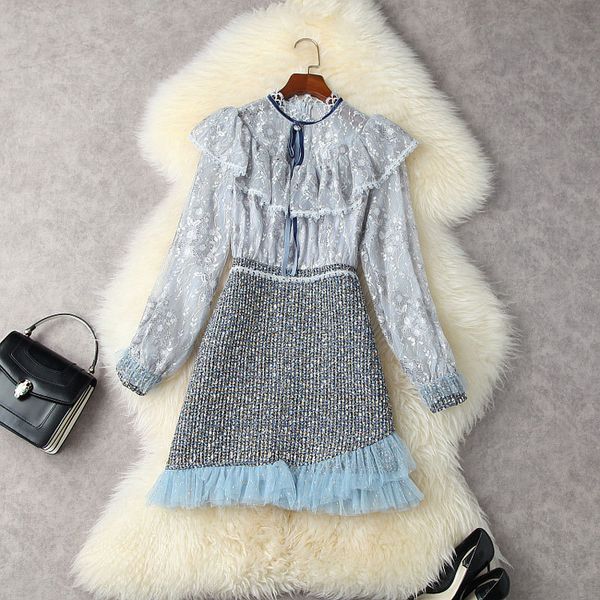 

2021 fall autumn long sleeve round neck blue contrast color tweed ribbon tie bow panelled floral lace ruffle short dress elegant casual dres, Black;gray