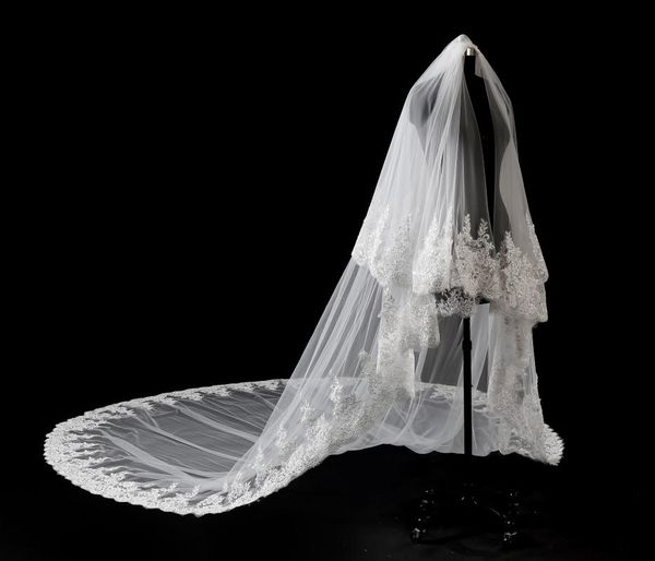 

bridal veils luxury 5 meters wedding veil with lace appliques long comb white ivory 2021 accessories in stock, Black