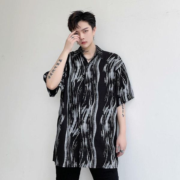 

men's casual shirts summer short-sleeved fashion retro men streetwear korean loose tie-dye mens dress -xl, White;black