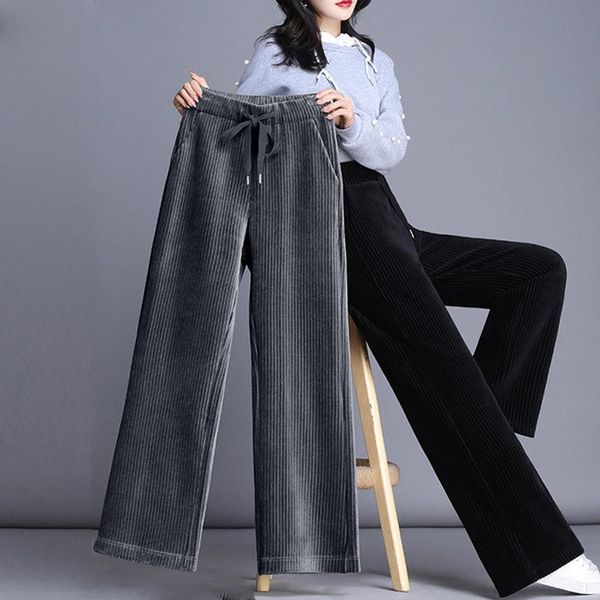 

corduroy women pants lace up stretch high waist long trousers 2021 autumn winter causal solid wide leg femme 4d329 women's & capris, Black;white