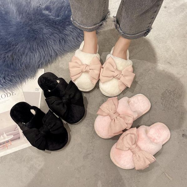 

slippers butterfly-knot home women's flock slides female shoes fashion fur flip flops massage 2021 flat luxury plush with bu, Black
