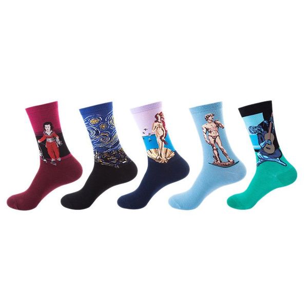 

men's socks 5 pairs combed cotton for men fashion harajuku style breathable deodorize art pattern, Black