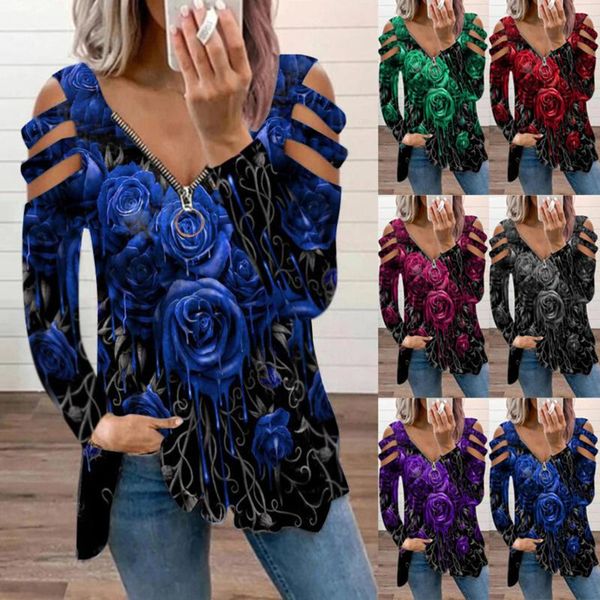

women's t-shirt 2021 autumn hollow out long sleeve zipper v-neck loose casual rose printed fashion trend shirt, White