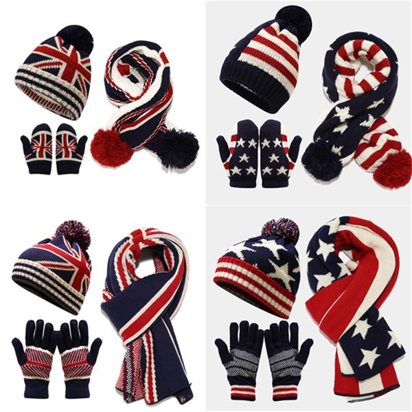 

hat scarf gloves three sets national flag thickened warm and cold suits, Blue;gray