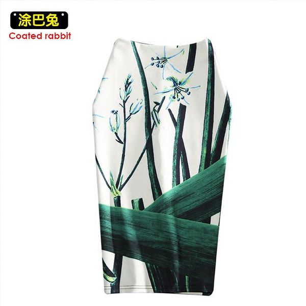 

women skirt elegant style vintage bamboo print long sheath pencil skirts retro open slit slim bodycon, Black