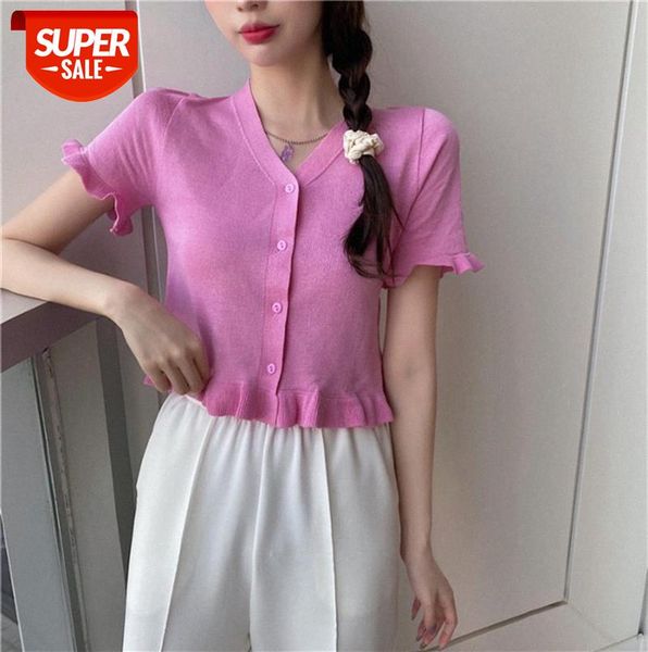 

summer retro puff sleeve t-shirt women's short square neck knitted cardigan high-waist purple short-sleeved #qa51, Black