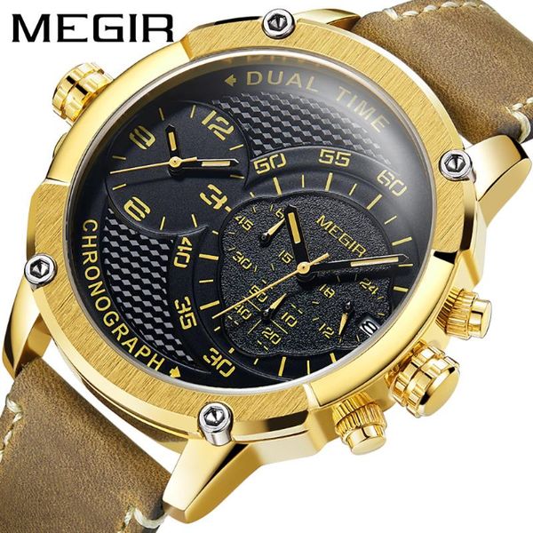 

wristwatches megir chronograph sport quartz watch men dual time zone wrist watches creative leather army military clock hour, Slivery;brown