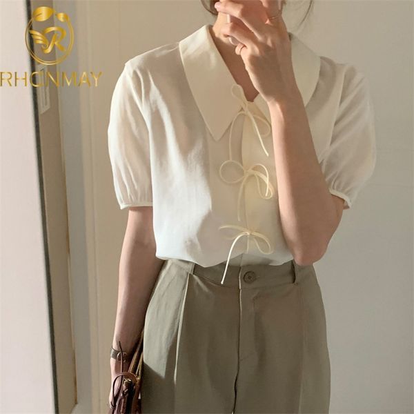 

chic simple elegant bow design work style ol blouse women turn down collar short sleeve loose shirts summer 210506, White