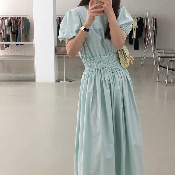 

solid korean chic fashion casual retro o neck puff sleeve fungus folds dress women big swing all-match maxi vestidos de mujer 210610, Black;gray