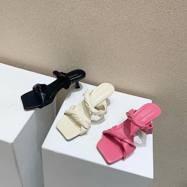 

slippers fashion women narrow band thin high heels pink/beige/black ladies slides mules shoes woman party wedding pumps 35-39