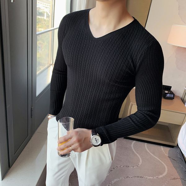 

men's polos sweater knitted with male v-neck, casual long sleeve sweater cleavage in v and bros muscle, , anjl, White;black