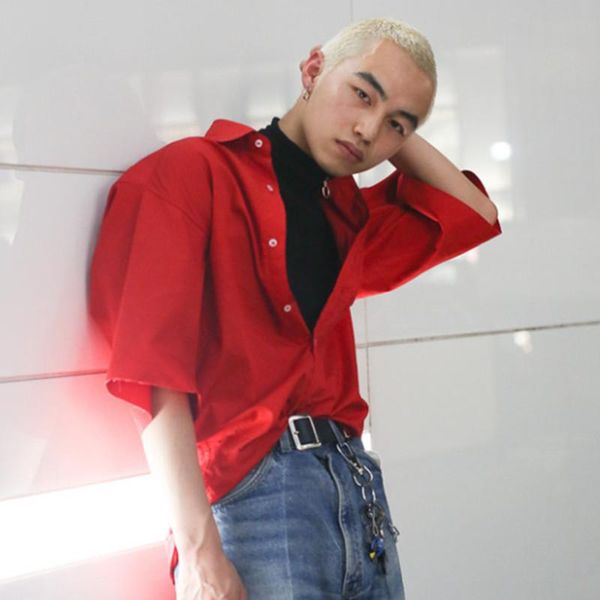

men's casual shirts 2021 summer fashion red big pocket medium sleeve loose shirt fashionable, White;black
