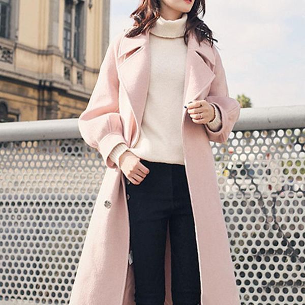 

women's wool & blends trench coat plus velvet female fashion elegent autumn winter women casual lantern sleeve long outwear girls, Black
