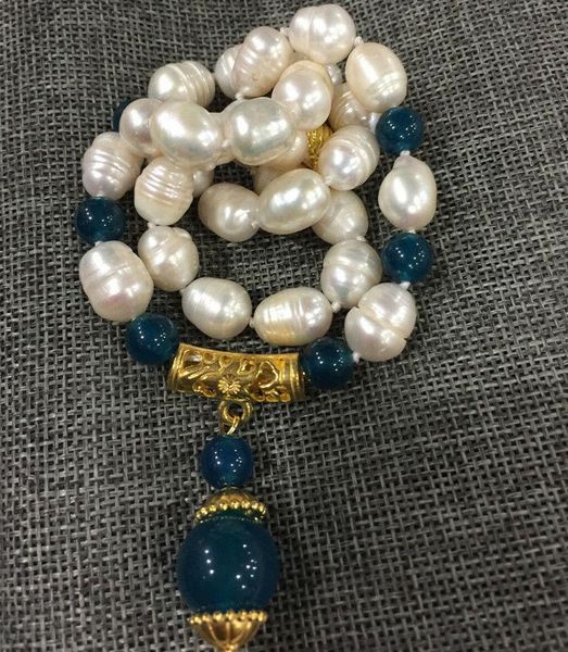 

chains 10-11mm white freshwater cultured rice pearl & 14mm apatite pendant necklace 18", Silver