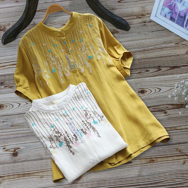 

womens shirts women vintage embroidery blouse casual button short sleeve linen shirt and blouses camisas mujer, White