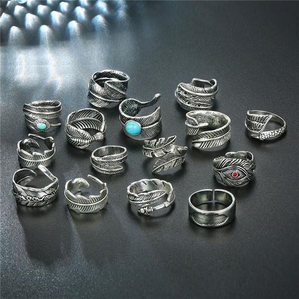

cluster rings 1pc punk vintage metal feather leaves open ring male jewelry european men gothic rock color leaf anillo r97, Golden;silver