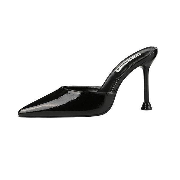 

dress shoes women summer ankle strap sandals 9.5cm pumps pointed toe ladies heel mules thin high heels slippers, Black