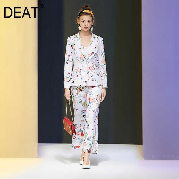 

[deat] summer fashion long sleeve sling button printing blazer high waist wide leg pants women two-piece suit 13c979 210527, White