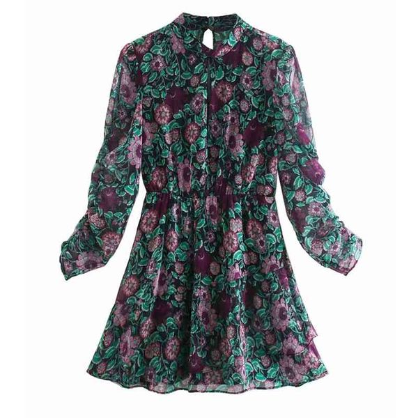 

women summer chiffon vintage mini dress long sleeve cascading ruffle floral print female elegant lining dresses vestidos 210513, Black;gray