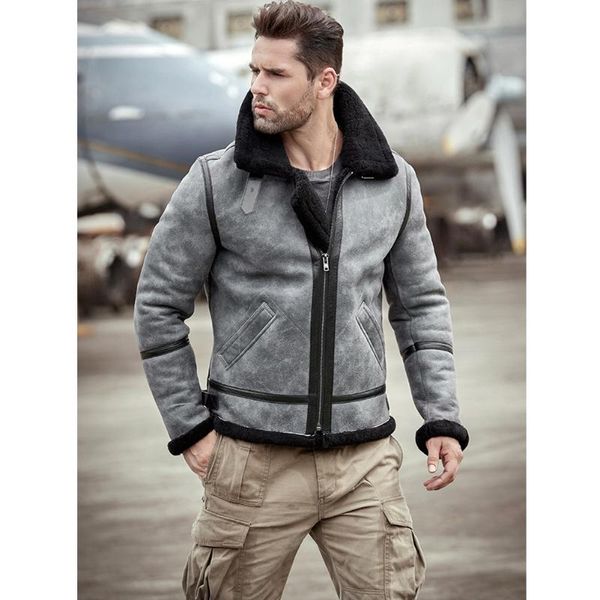 

men's leather & faux b3 shearling jacket sheepskin coat mens gray fur motorcycle winter coats, Black