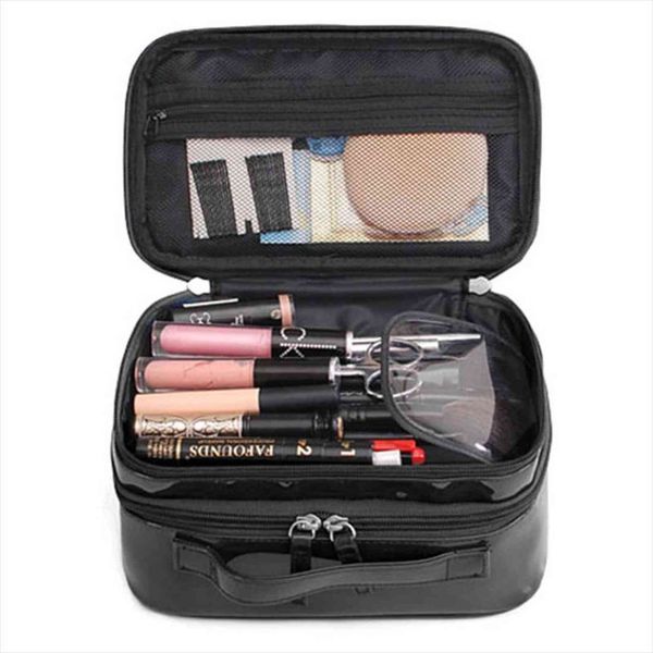 

women pu makeup black cosmetic bag double layer waterproof toilettry travel organizer beautician case portable storage bags