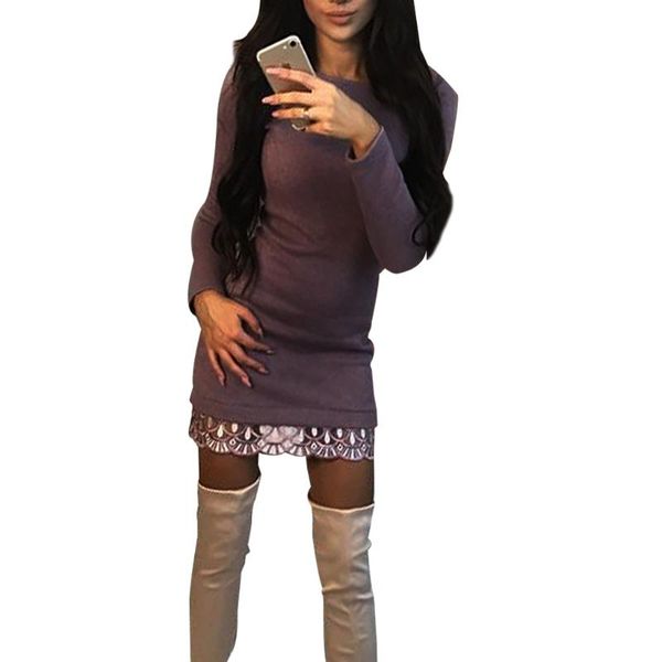 

autumn women ladies long sleeve knitwear mini dress fashion lace floral patchwork bodycon short casual dresses, Black;gray