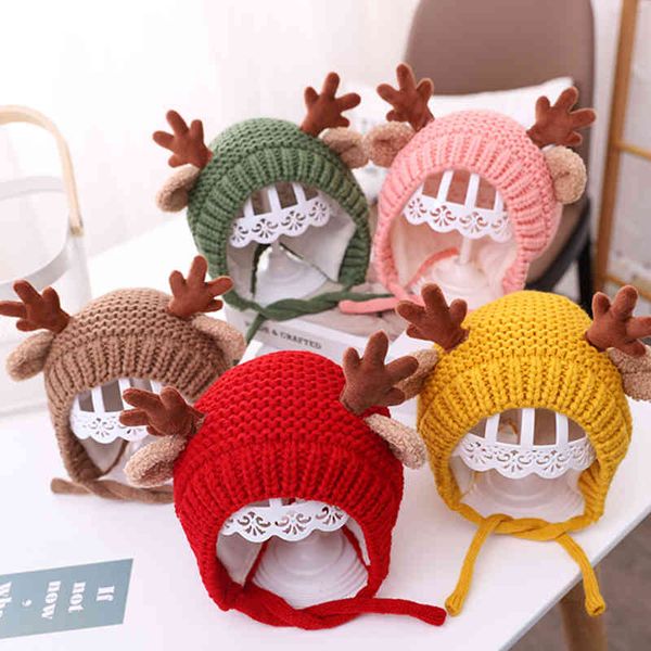 

cute elk antlers baby hat winter warm plush knitted warmer children hat earflap boys girls beanie christmas hats, Blue;gray
